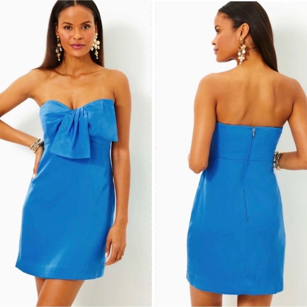 Lilly Pulitzer NEW Carlynn Strapless Satin Bow Dress Morelle Blue $228 Size 8